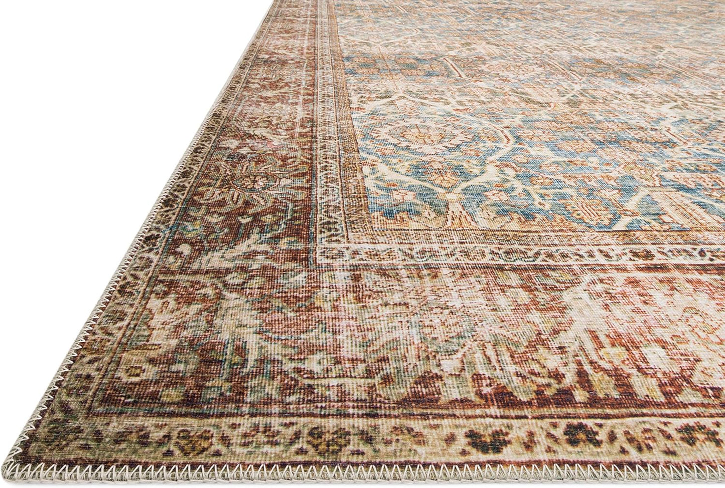 Loloi Layla Collection LAY-04 Ocean/Rust 2'-6" x 7'-6" .13" Thick Runner Rug, Soft, Durable, Vintage Inspired, Distressed, Low Pile, Non-Shedding, Easy Clean, Printed, Living Room Rug