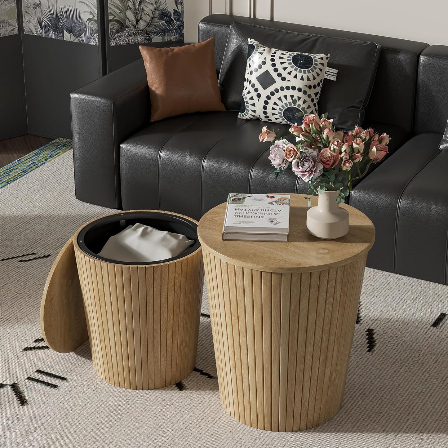 Round Coffee Table Set,2-Piece Modern Farmhouse Living Room End Table Set, Nesting Table Round Natural Finish for Living Room (Wood, 17.72'')