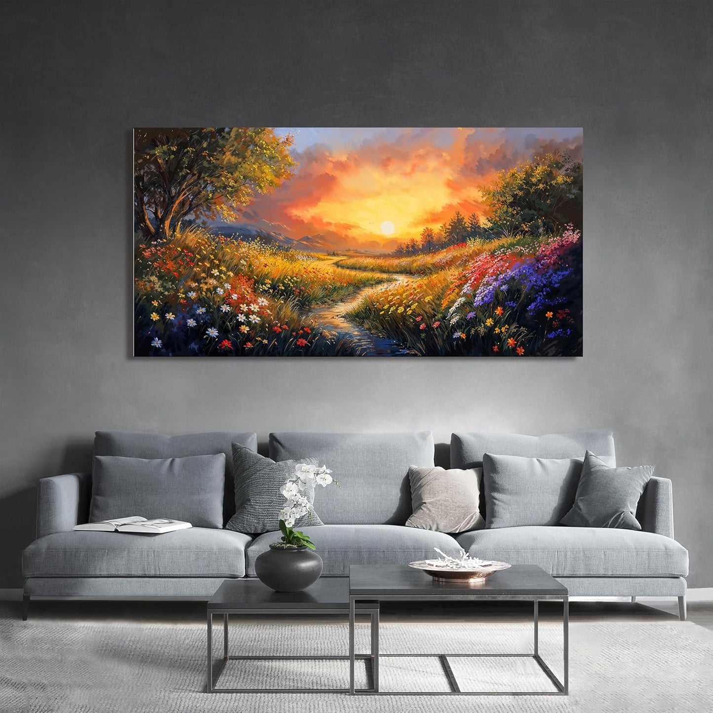 Canvas Wall Art Decor Oversized Wall Art Pictures for Living Room Large Vintage Landscape Wall Art Prints Canvas Art Wall Decor Wildflower River Artwork for Walls Bedroom Home Wall Art Decor 29" X 58"
