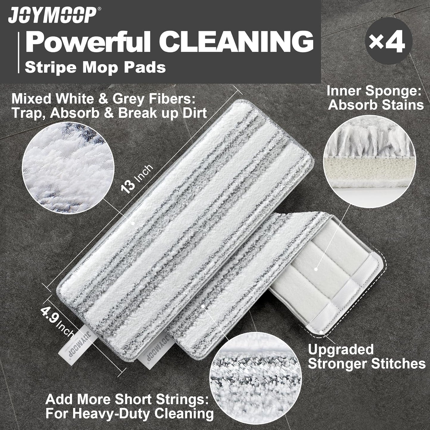 JOYMOOP Flat Mop Pads, Microfiber Mop Cleaning Pads, Washable Pads, Pads Replacement for Flat Mop or Mop Bucket Set, Pack of 4 Refills 13inch - Stripe