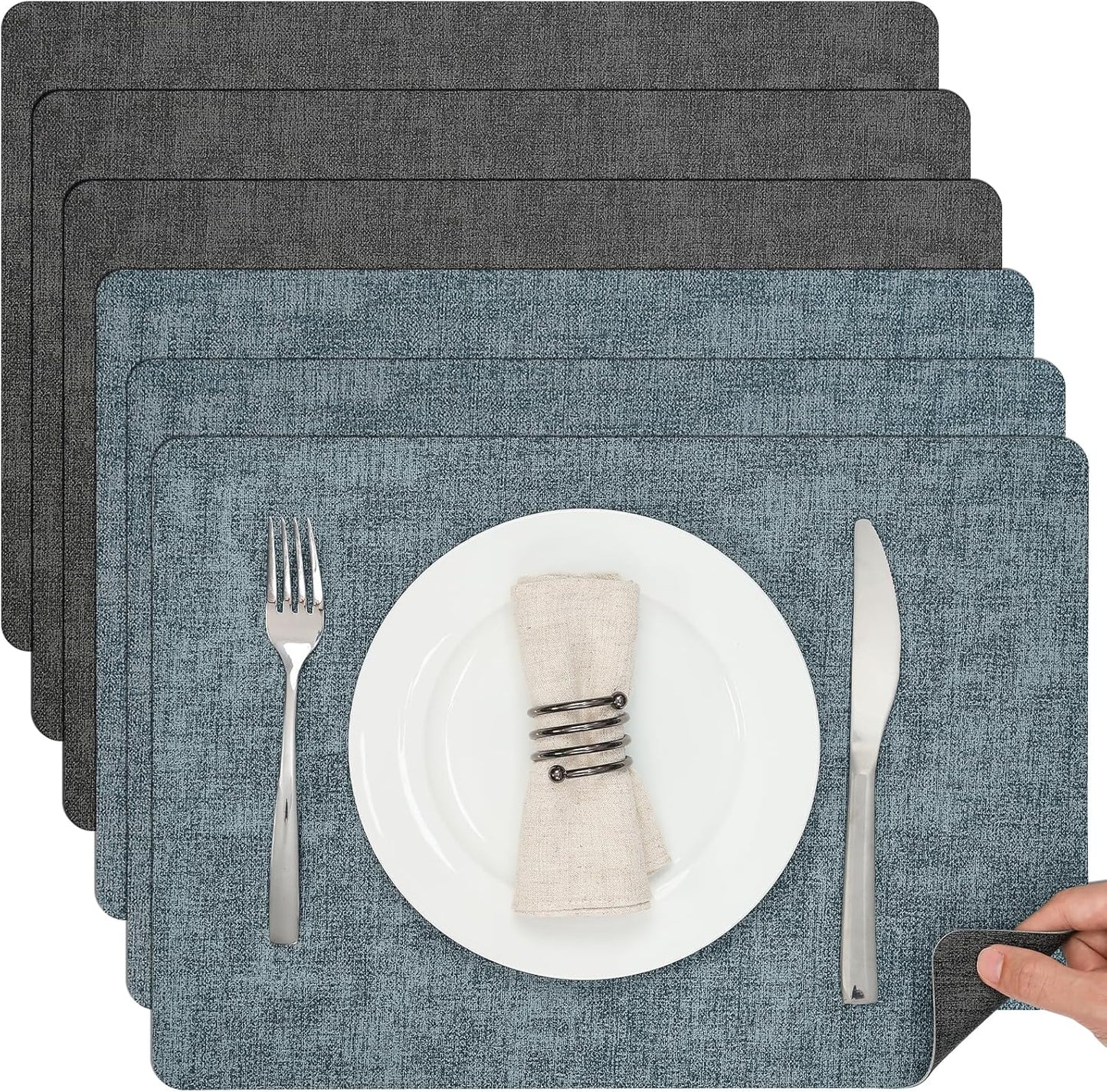 Myir JUN Dual Sided Placemats, Faux Leather Set of 6 Indoor & Outdoor Square Non-Slip Table Mats (Gray Light Blue, Set of 6)