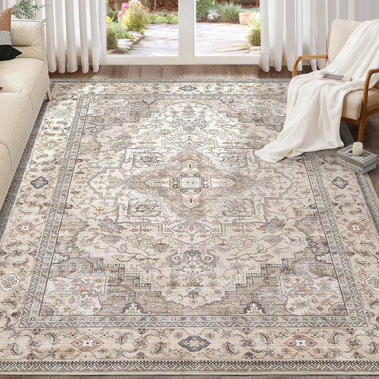 Washable Area Rugs for Living Room -10x12 Neutral Vintage Distressed Floral Farmhouse Boho Large Soft Floor Rug Indoor Non Slip Carpet for Living Room Bedroom Dining Room Office-Brown/Multi