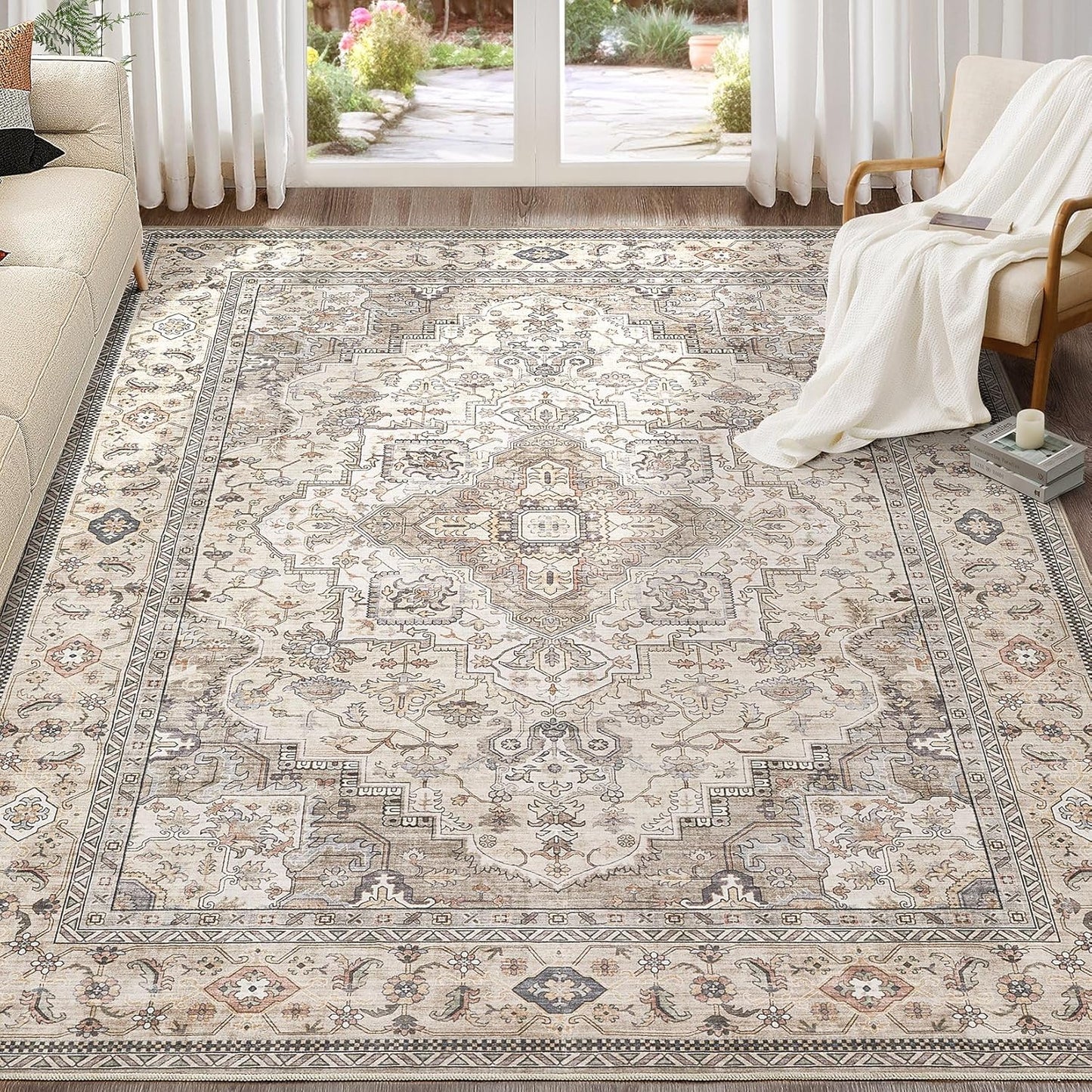Washable Area Rugs for Living Room - 10x14 Neutral Vintage Distressed Floral Farmhouse Boho Large Soft Floor Rug Indoor Non Slip Carpet for Bedroom Dining Room Office - Brown/Multi