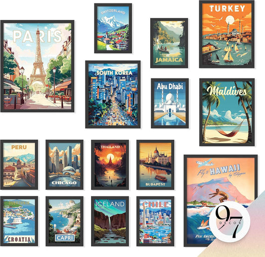 97 Decor LARGE 11x14 Vintage Travel Posters Wall Art - Retro Travel Decor For Home, Traveling Art Prints Around World Destination Pictures Famous City Artwork For Classroom (Unframed)