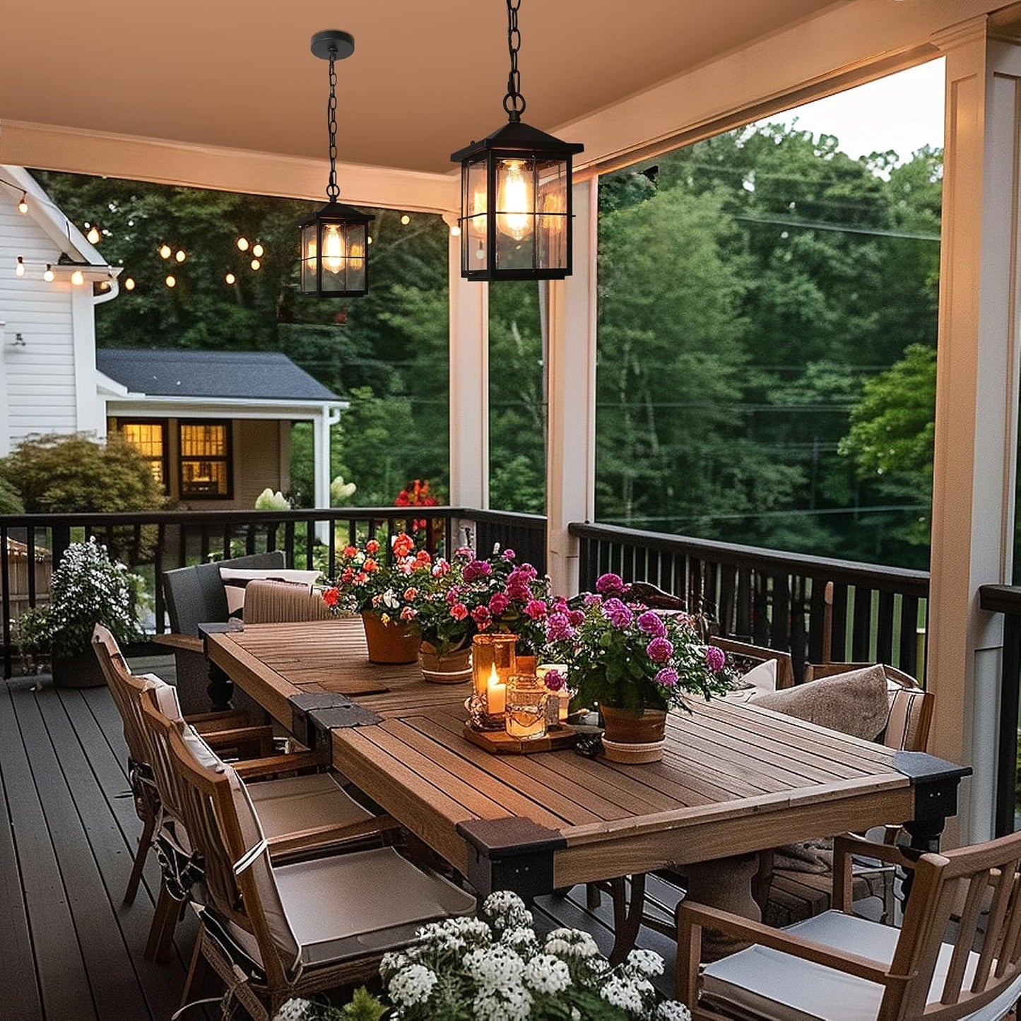 LOG BARN Outdoor Pendant Light Fixture, Farmhouse Exterior Lights, Anti-Rust Ceiling Outdoor Light with Seeded Glass, Lantern Hanging Light for Front Door, Entry, Porch, and Gazebo