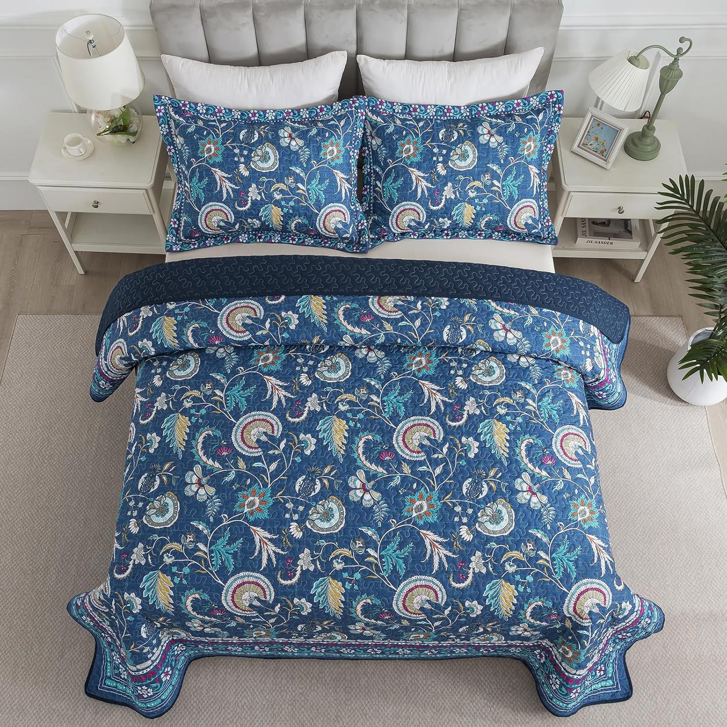 NEWLAKE Quilt Set King Size, Bedspread Sets Blue Botanical Floral Patterns, Reversible Quilt Bedding Set Lightweight and Breathable for All Seasons, Soft Quilted Bedspread with 2 Pillow Shams