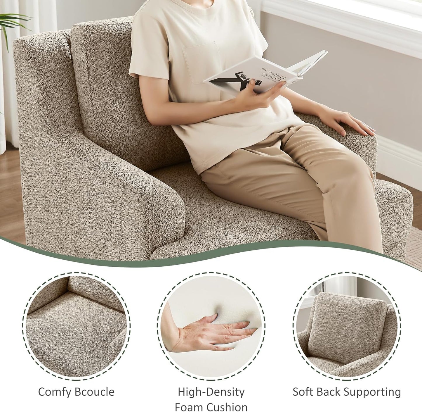 Oversized Accent Chair, Modern Boucle Armchair with Wood Legs, Modern Reading Chair with Thick Cushion, Comfy Chairs for Living Rooms, Bedrooms, Reading nooks and Apartments