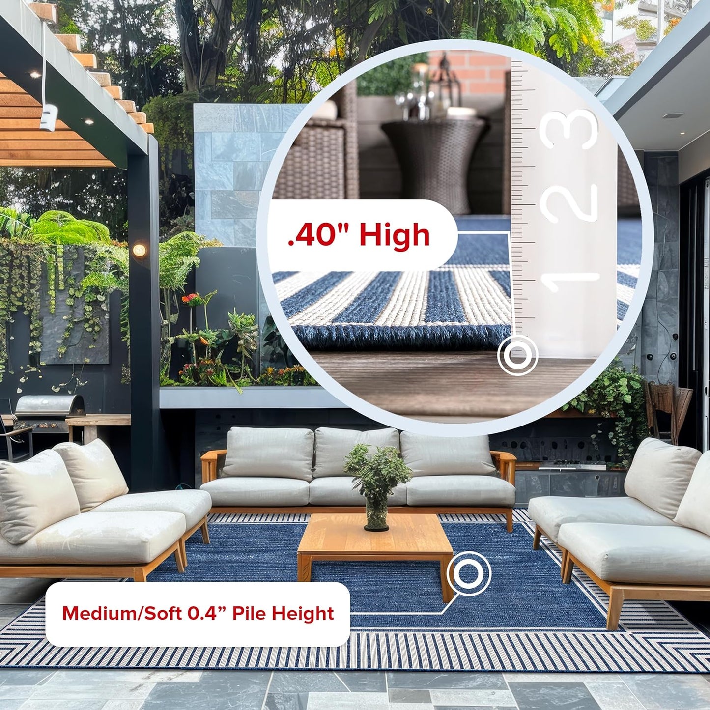 nuLOOM 2' x 3' Outdoor Area Rug, Casual Design With Striped Border, Stain Resistant, Highly Durable, For Patio, Balcony, Bedroom, Living Room, Dining Room, Bathroom, Navy