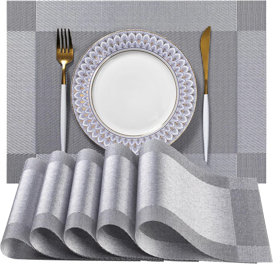 LEXMORE Placemats Set of 6 Vinyl/Plastic Woven Place Mats for Kitchen Table Indoor/Outdoor Washable Placemat Wipeable Dining Table Mats(G-Silver Cube)