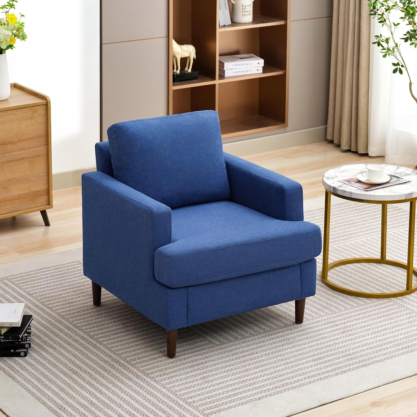 Mid-Century Accent Chair,Modern Linen Fabric Armchair for Living Room,Comfy Upholstered Reading Accent Chairs for Bedroom,Single Sofa Chair with Wood Legs (Blue, 1 Pack)