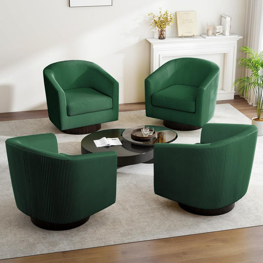 Swivel Barrel Accent Chair, Modern Round Corduroy Fabric Arm Chair for Living Room, Bedroom, Comfy Club Reading Chairs for Adults (Corduroy Dark Green, Set of 4)
