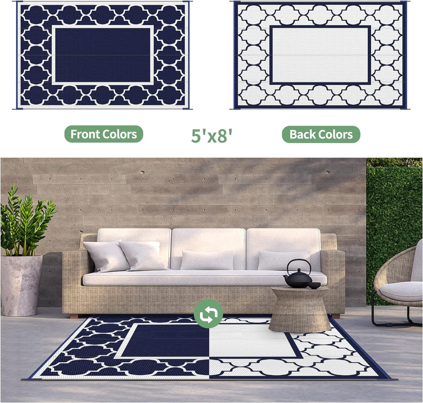 GENIMO 5' x 8' Outdoor Rug Waterproof for Patio Fall Decor, Foldable Reversible Plastic Straw Area Rugs Mat for Camper, Outside Carpet for Rv, Deck, Porch, Picnic, Beach, Balcony, Blue & White