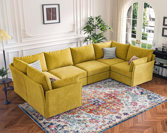 136.4" Oversized Modular Sectional Sofa, U Shaped Convertible Couch with Movable Ottoman, Large 7 Seat Corner Couches for Living Room Deep Seat Yellow Chenille