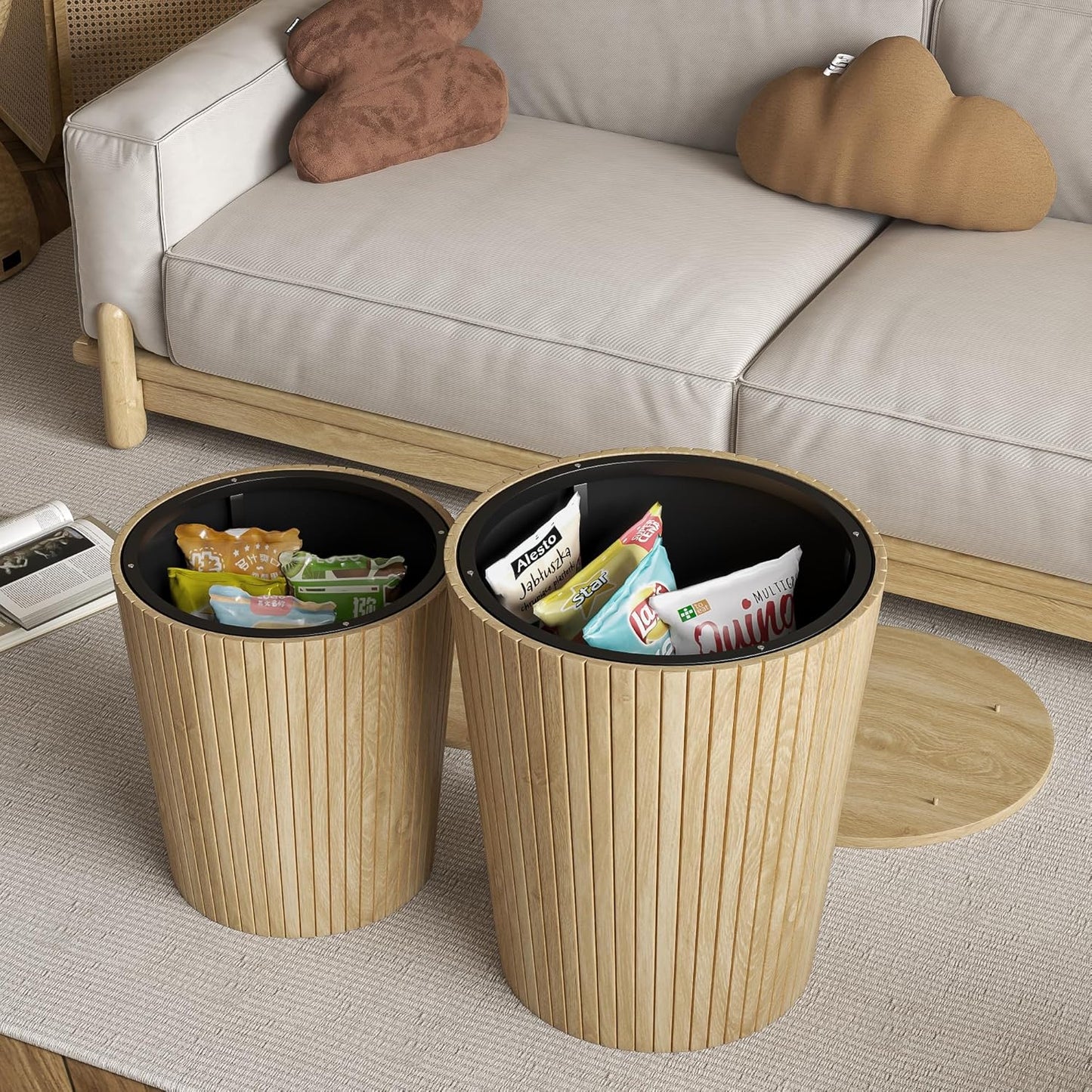 Round Coffee Table Set,2-Piece Modern Farmhouse Living Room End Table Set, Nesting Table Round Natural Finish for Living Room (Wood, 17.72'')