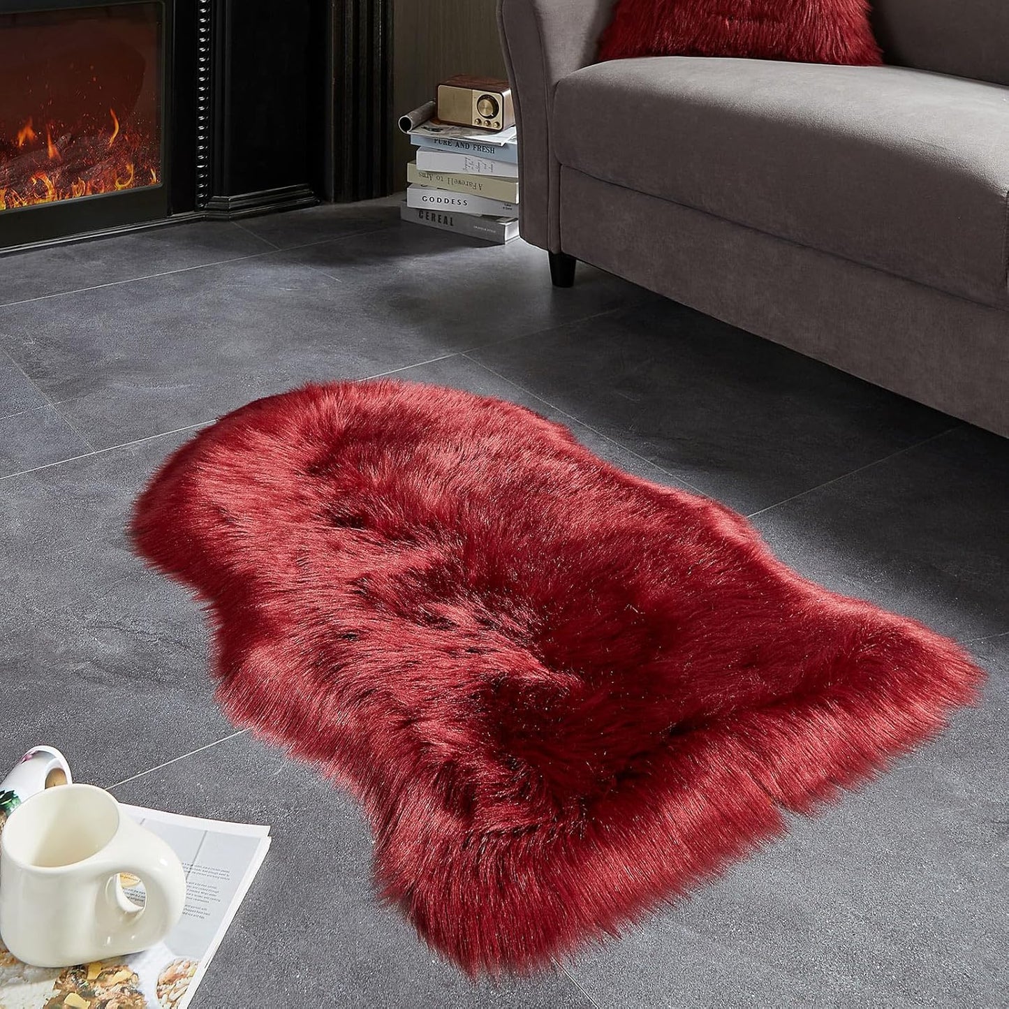 AMTOVO Faux Fur Rug, Burgundy Small Area Rug, Fluffy Sheepskin Rug, Fuzzy Ultra Soft 2 x 3 ft Shag Rugs for Bedroom Sofa Throw Cushion Room Decor, Sheepskin