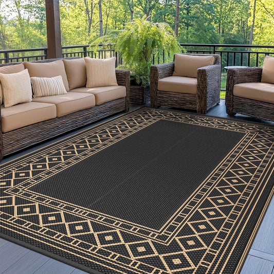 GENIMO Outdoor Rug Waterproof 9'x12' for Patio, Foldable Reversible Plastic Straw Carpet for Travel Trailers, Outside Area Mat for Rv, Deck, Picnic, Porch, Camper, Balcony, Beach, Black & Brown