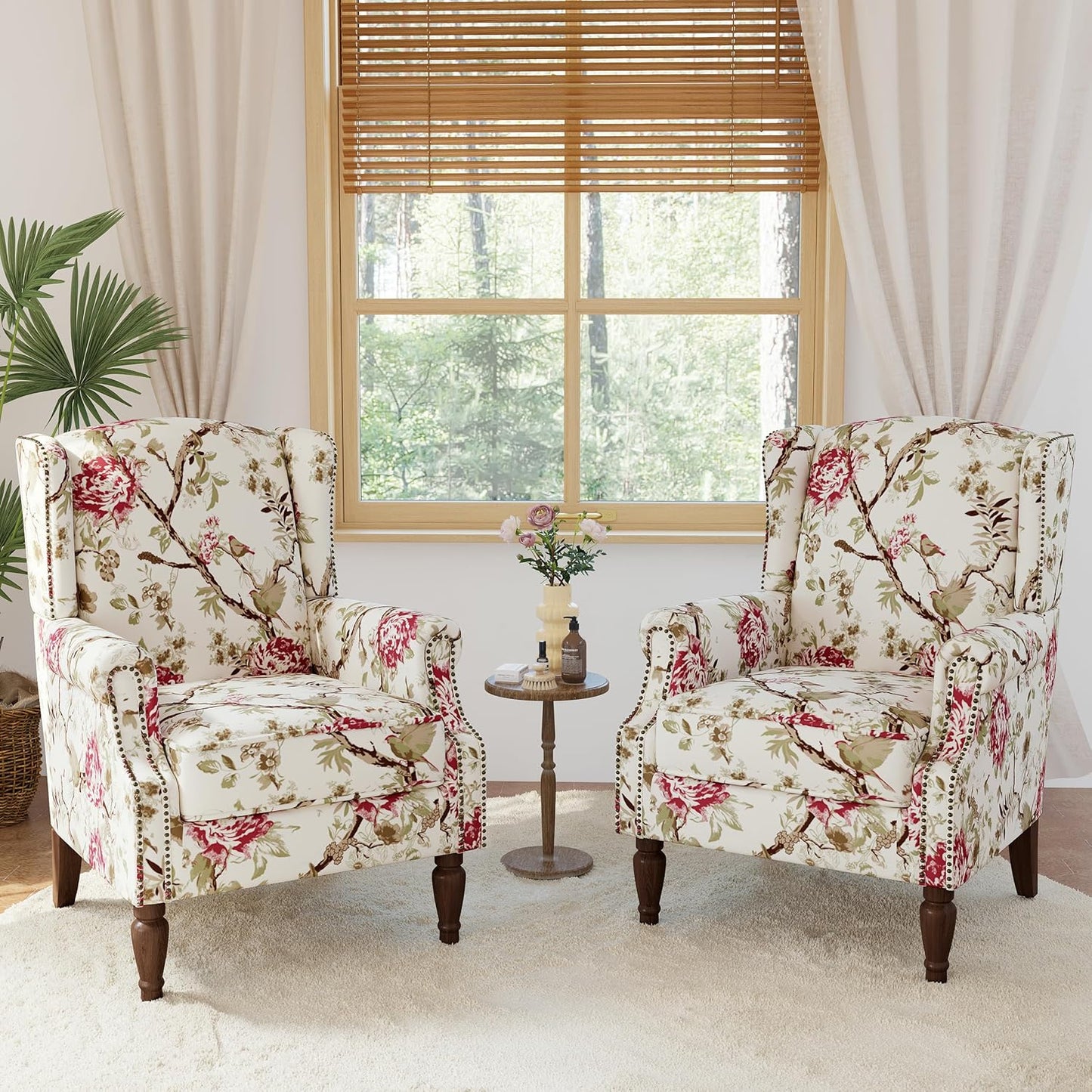 Lumibee Wingback Accent Chair, 2 Set High Back Floral Armchairs in Fabric,Comfy Upholstered Reading Single Sofa Chairs with Solid Wood Legs for Living Room,Bedroom,Office-Floral Beige