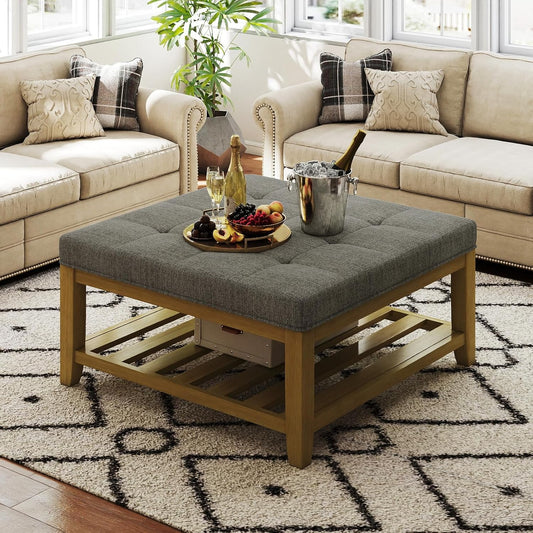 Large Square Ottoman Coffee Table, Linen Solid Upholstered Footrest Ottoman with Solid Wood Shelf Storage Tufted Coffee Table for Bedroom Living Room, Granite