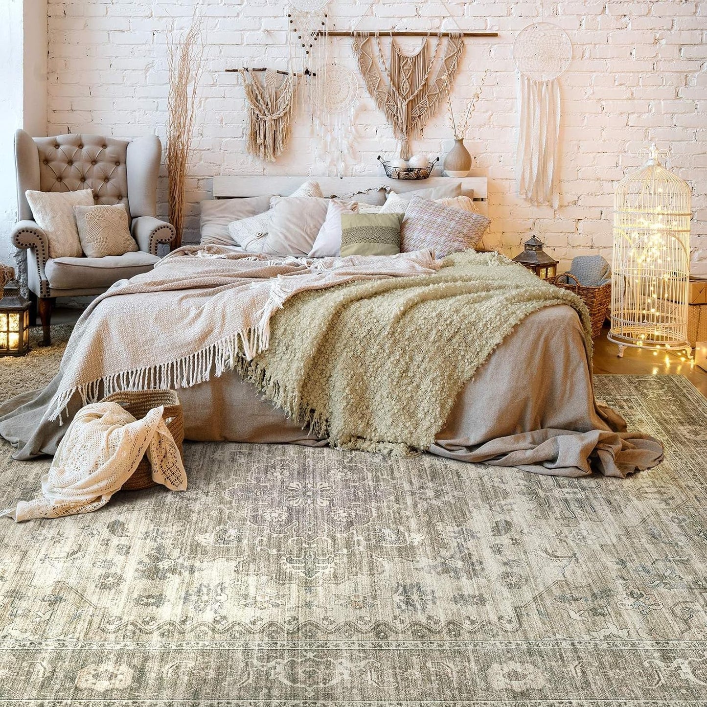 Washable Area Rugs for Living Room -10x13 Neutral Vintage Distressed Floral Farmhouse Boho Large Soft Floor Rug Indoor Non Slip Carpet for Living Room Bedroom Dining Room Office-Brown/Tan