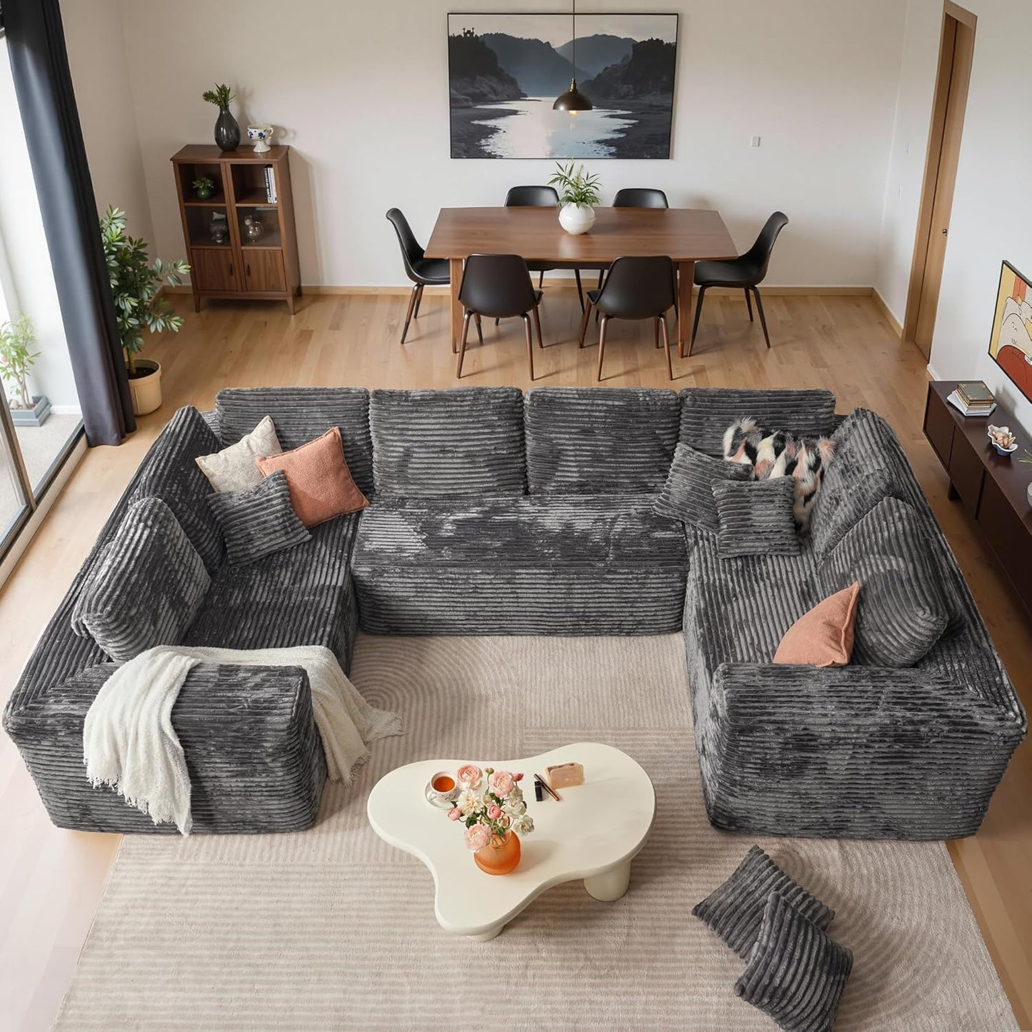 Cloud Sectional Couches for Living Room,U Shaped Modular Sofas No Assembly,135x79 Inches Plush Corduroy Oversized Floor Couch Set with Deep Seat Chaise,Grey