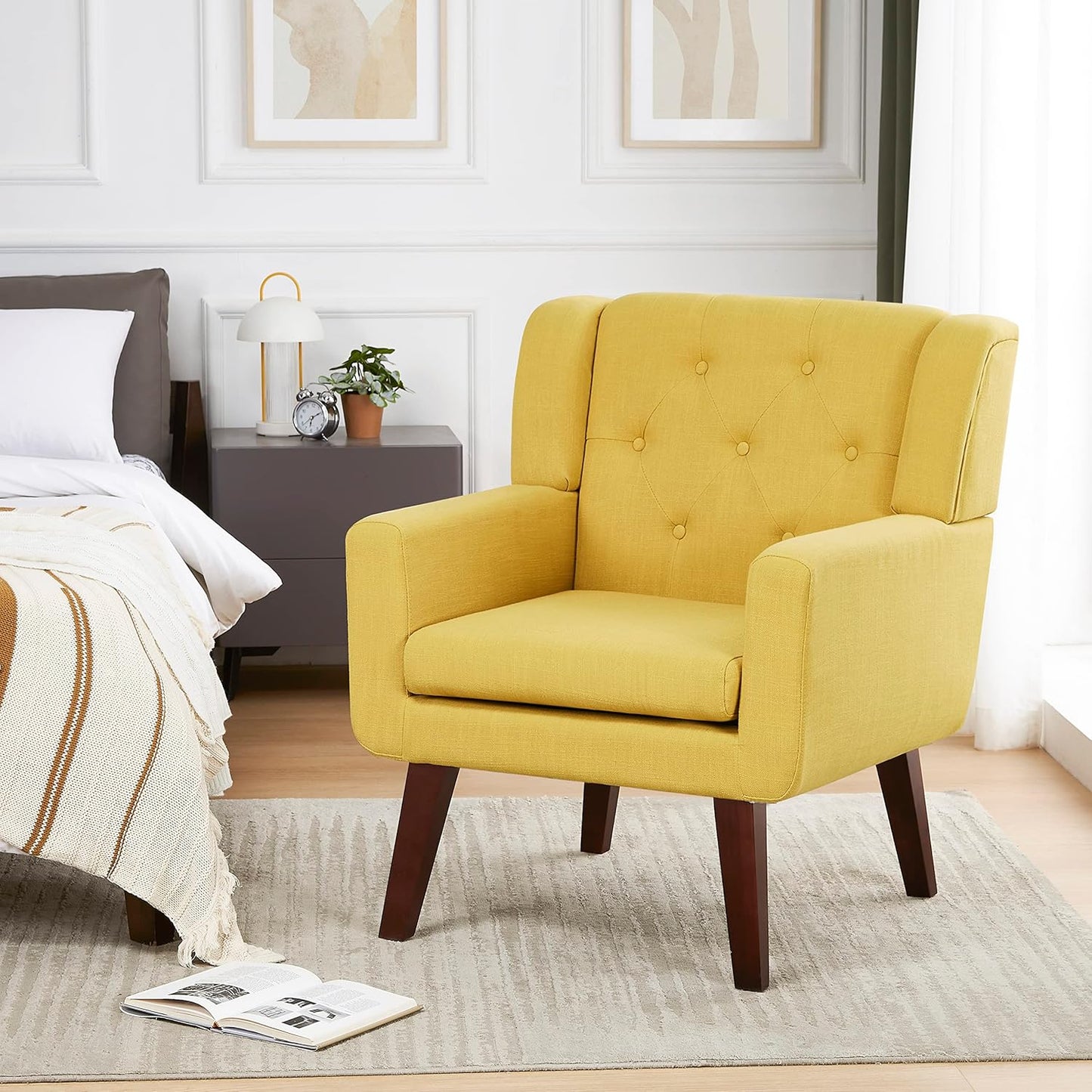 Accent Chair Button-Tufted Upholstered Living Room Chairs Comfy Reading Chair Mid Century Modern Chair with Linen Fabric Lounge Arm Chairs for Living Room Bedroom (Bright Yellow)