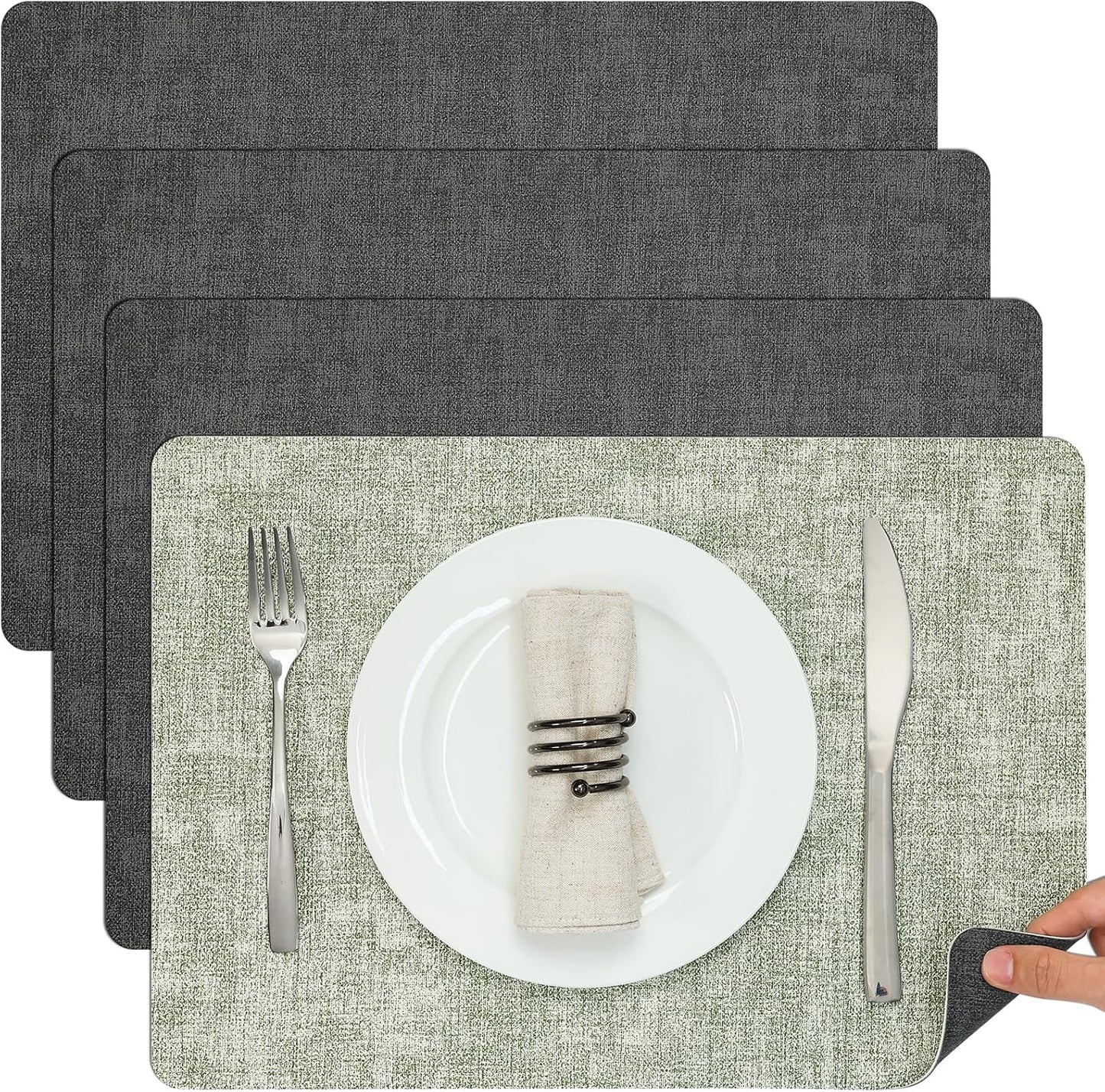 Myir JUN Placemats Dual Sided, Faux Leather Place Mats Set of 4 Indoor Placemat for Dining Table Outdoor Placemats Square Non-Slip Washable Table Mats (Gray Grass Green, Set of 4)
