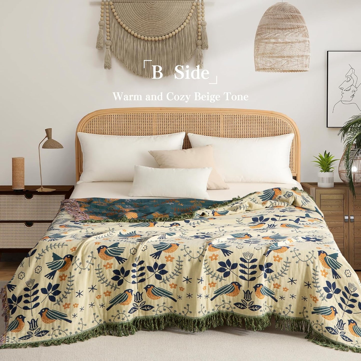 Boho Throw Blanket Twin Size, Soft Cozy Cotton Muslin Quilt Blanket for Bed Decor, Bird Patterned Couch Sofa Chair Cover, Vintage Farmhouse Cottage Tapestry Woven Blanket, Green&Beige