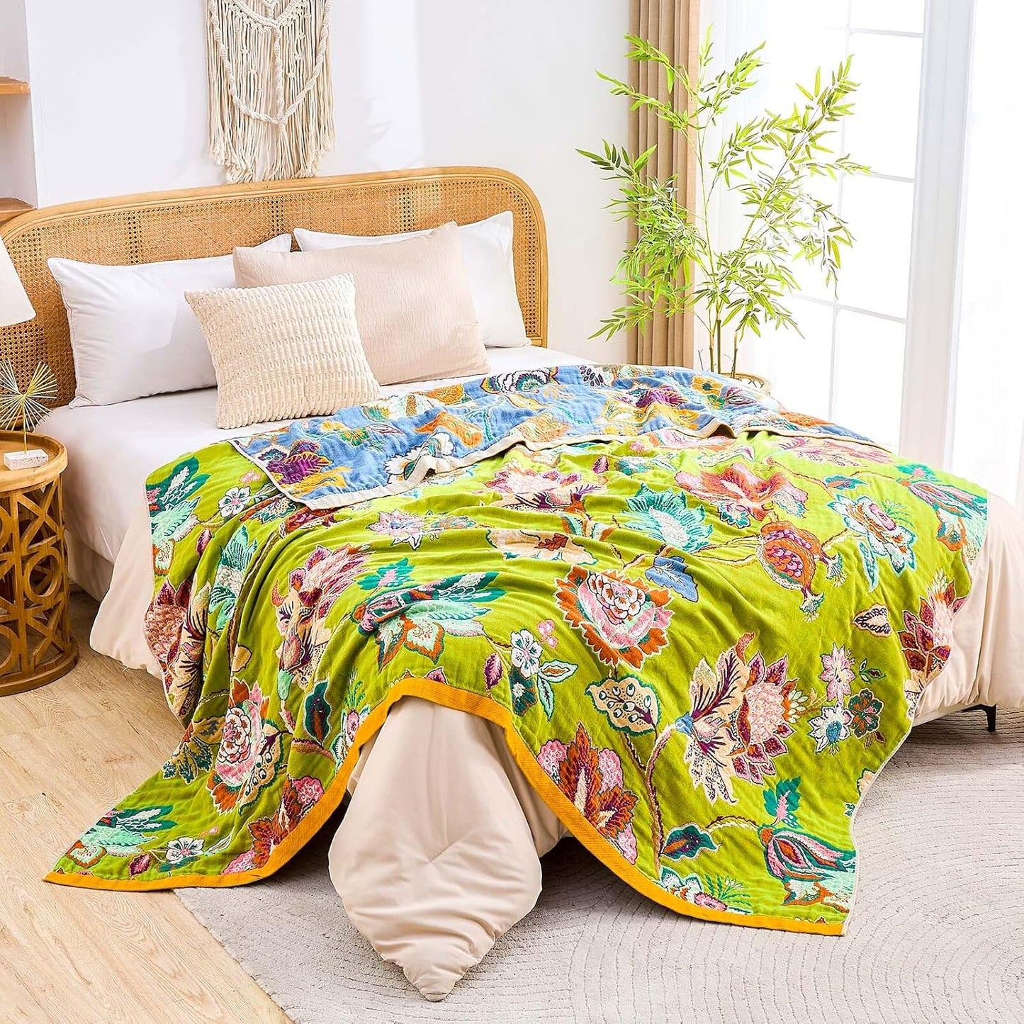 Fall Throw Blanket, 100% Cotton Soft Rustic Boho Throw Blanket for Bed, 80"x90" Farmhouse Decor Bed Flower Blankets, Light Weight Reversible Bohemian Throw Quilt