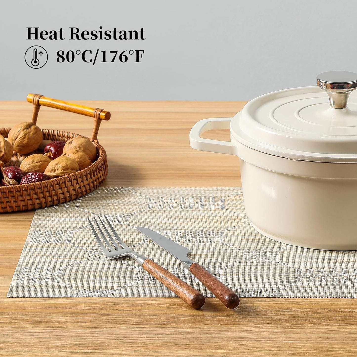 Leetaltree Wheat Placemats Set of 4 - Heat Resistant Non-Slip Place mats for Dining Table, Washable Durable PVC Vinyl Woven Table Mats（Wheat, 4）