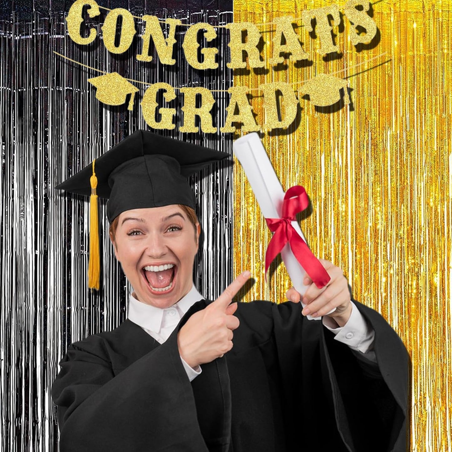 BRAVESHINE Black Gold Foil Fringe Curtain Backdrop - 2 Pack 3.2 x 8.2 ft Metallic Tinsel Photo Booth Streamers Curtains for 50th Birthdays Christmas New Years Anniversary Graduates Party Decorations