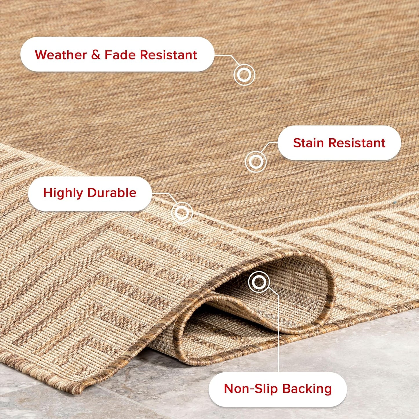nuLOOM 9'6" x 12' Outdoor Area Rug, Casual Design With Striped Border, Stain Resistant, Highly Durable, For Patio, Balcony, Bedroom, Living Room, Dining Room, Bathroom, Light Brown