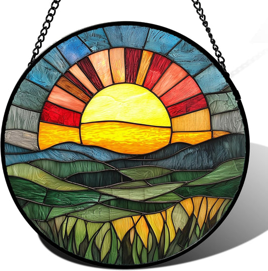 Stained Glass Window Hanging, Golden Red Sun Green Mountain Suncatcher for Window Home Decor Nature Landscape Sun Catcher Mother's Day Birthday Gifts for Women Men Mom Nana 7.8 in