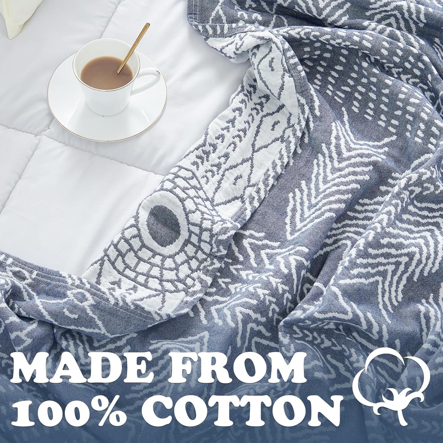 jinchan Boho 100% Cotton Muslin 50x60 Throw Blanket Lightweight 3-Layer Blue Blanket Washable Reversible Breathable Decorative Geometric Striped Patterned Soft Cozy for Sofa Bed All Season Gift