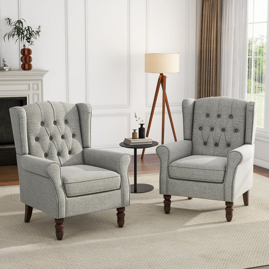 UIXE High Back Accent Chairs Set of 2, Upholstered Armchair in Fabric, Retro Wingback Arm Chair for Living Room, Comfy Single Sofa Bedroom Reading Seat with Solid Wood Legs - Light Gray