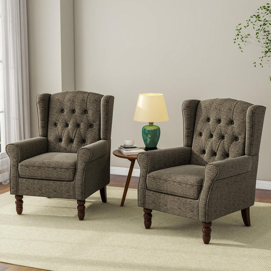 Accent Chair, Upholstered Armchair with Button Tufted High Back & Solid Wood Legs, Comfy Wingback Reading Single Sofa Chair for Small Spaces, Living Room, Bedroom (Taupe, Set of 2)