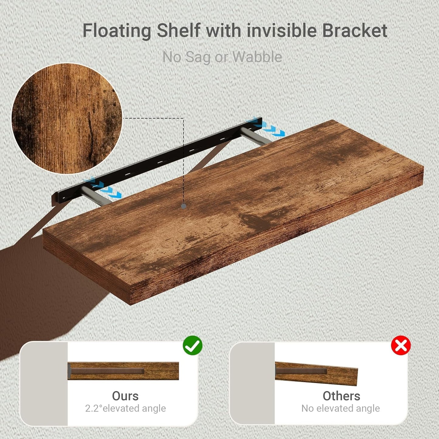 Floating Shelves for Wall 24 inchs Long, 9.1” Deep x 1.5” Thick Wall Shelves for Bedroom, Living Room, Bathroom，Kitchen, Office, Rustic Farmhouse Shelf Decor with Invisible Bracket, Set of 2