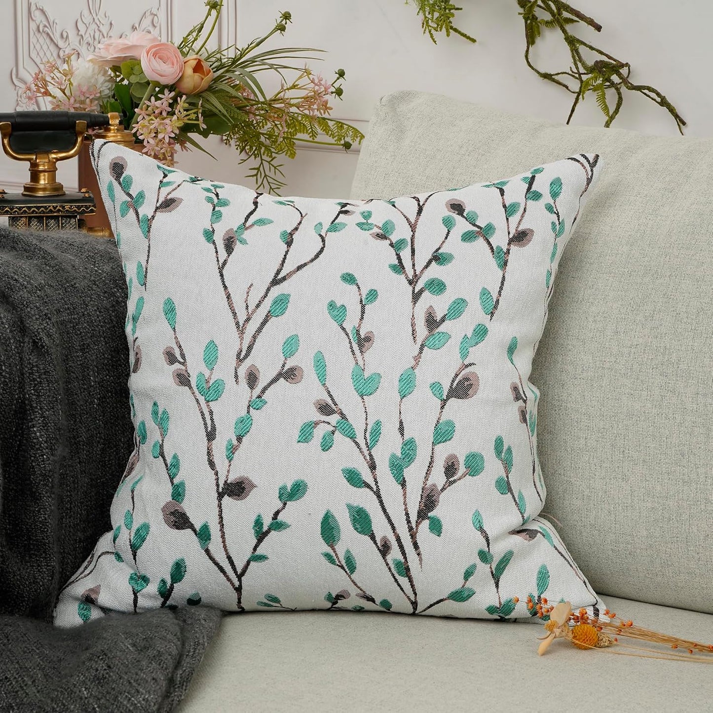 YOUR SMILE Classical Embroidery Jacquard Green Square Decorative Throw Pillow Case Cushion Cover 18x18 inch