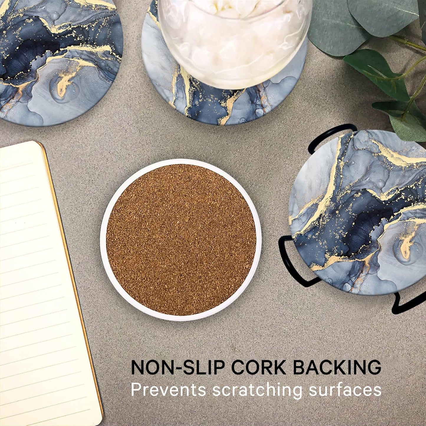 Emerson Coasters for Drinks Absorbent – Saucers Coffee Table Set of 6 with Holder, Wooden Tabletop Protection Marble Style 100% Ceramic - Non-Slip & Cork Bottom - Heavy Duty Drink Coasters (Riptide)