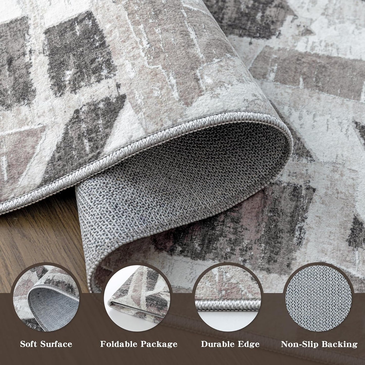 Modern Abstract 8X10 Area Rug for Living Room Bedroom Washable, with Non-Slip Rubber Backing Print Faux Wool Thin, Grey Throw Large Carpet for Kids Playroom Dining Room Pet & Child Friendly