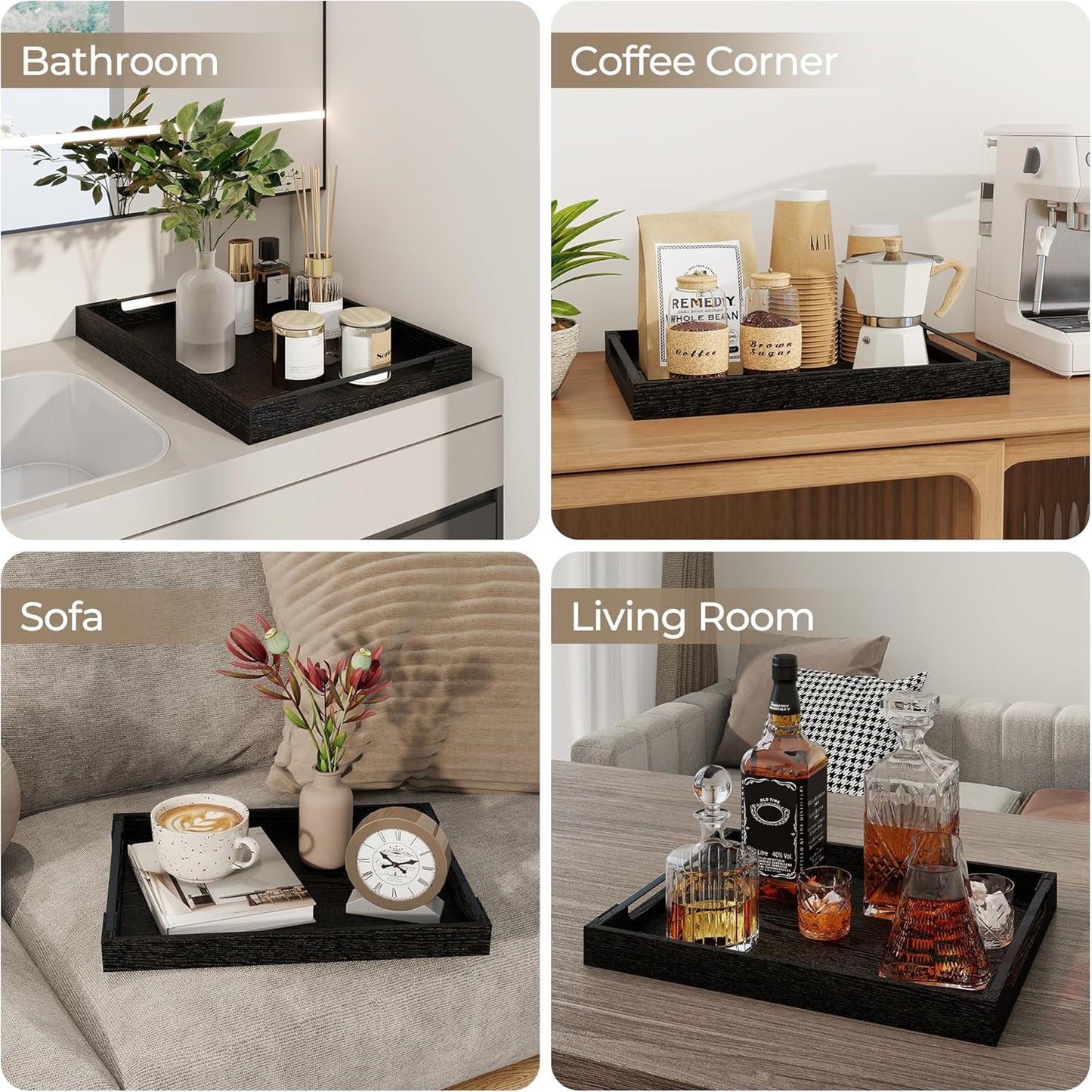 Axeman Wooden Serving Tray with Metal Handles|Ottoman Tray for Breakfast, Bed, Couch|17x13in Ash Wood Coffee Table Trays|Food Drinks Decorative Storage Boards for Ottoman Kitchen, Black