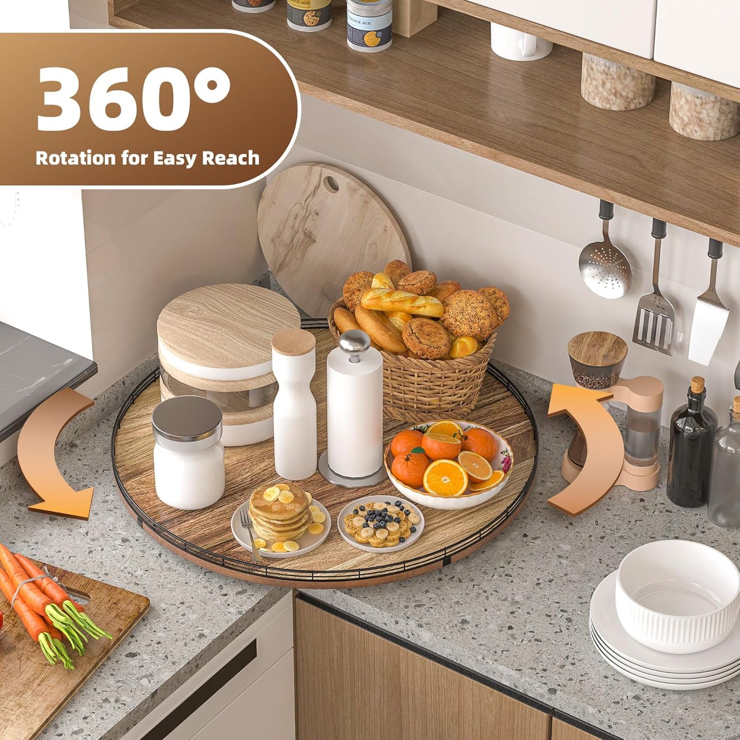 Acacia Wood 24" Lazy Susan Turntable Organizer for Table Top, Farmhouse Extra Large Round Lazy Susan for Serving Kitchen Countertop Cabinet for Charcuterie Centerpiece, Bathroom Vanity Tray Decor