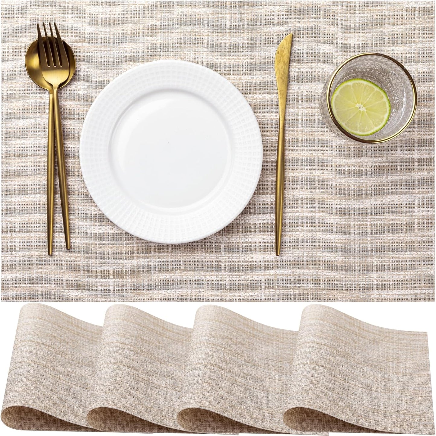 LEXMORE Placemats Set of 4 Vinyl/Plastic Woven Place Mats for Kitchen Table Indoor/Outdoor Washable Placemat Wipeable Dining Table Mats(A-Beige)