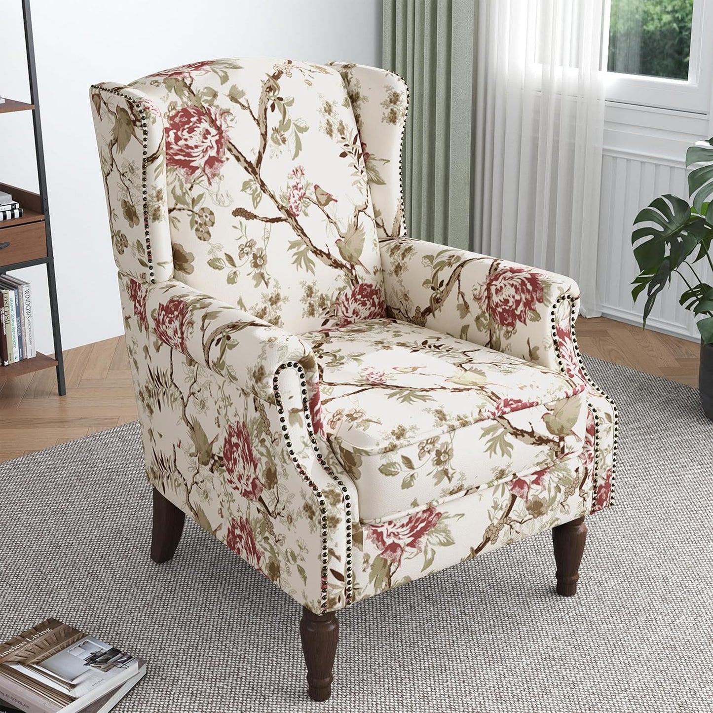 Lumibee Wingback Accent Chair,High Back Floral Armchairs in Fabric,Comfy Upholstered Reading Single Sofa Chair with Solid Wood Legs for Living Room,Bedroom,Office-Floral Beige