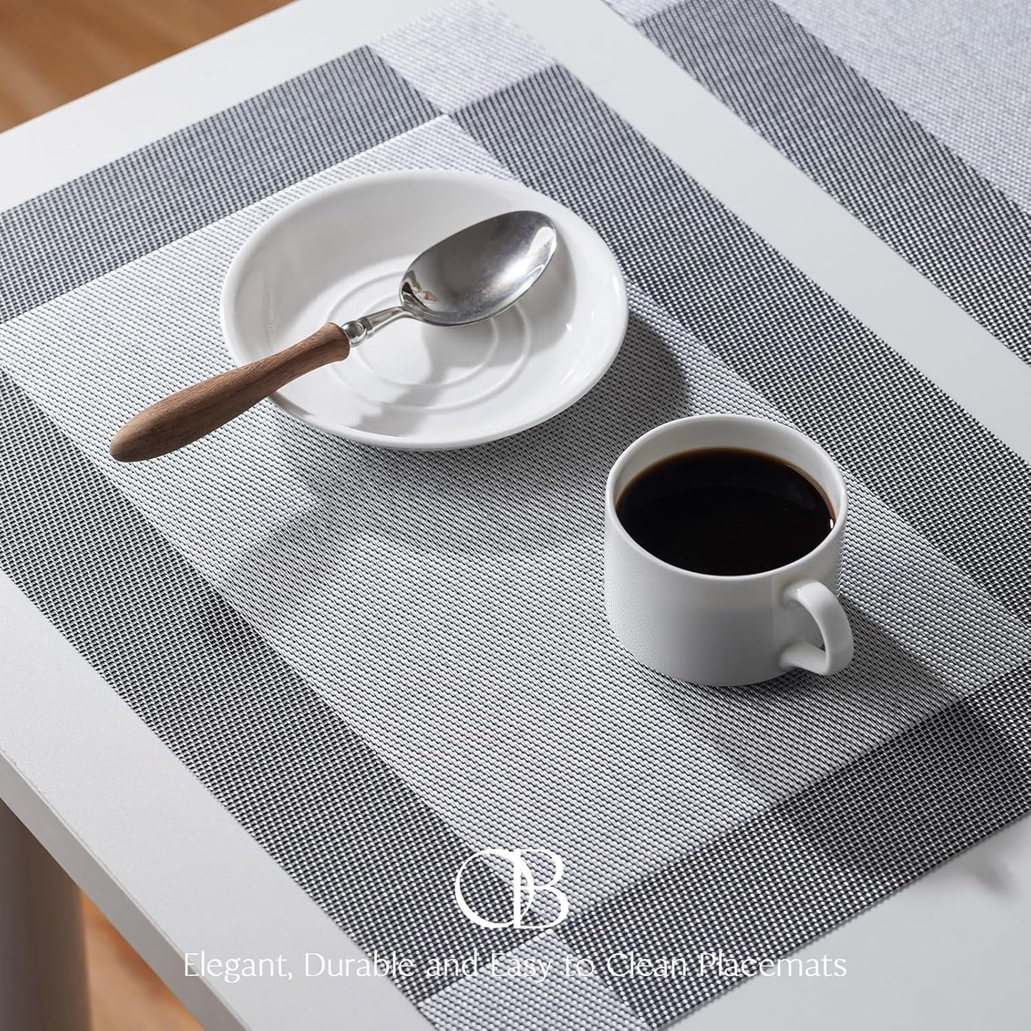 Placemats Set of 6 - Easy Clean Woven Vinyl Placemats for Dining Table, Indoor/Outdoor Place Mats, Washable PVC Table Mats （Silver Cube）