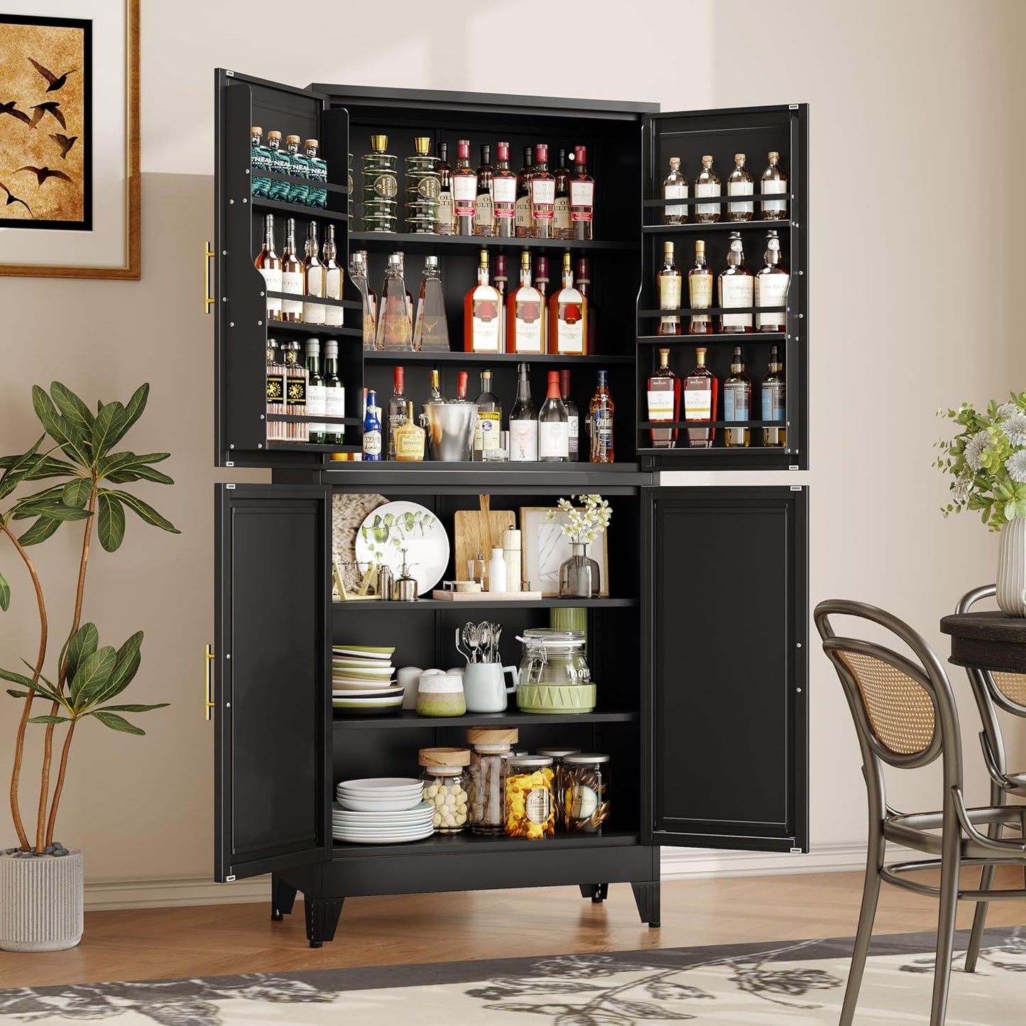 74.8" Tall Metal Food Cabinet, Black Kitchen Pantry Cabinet, Storage Cabinets with 4 Door and 4 Adjustable Shelves, Steel Freestanding Cupboard for Kitchen Dining Room Living Room Bathroom