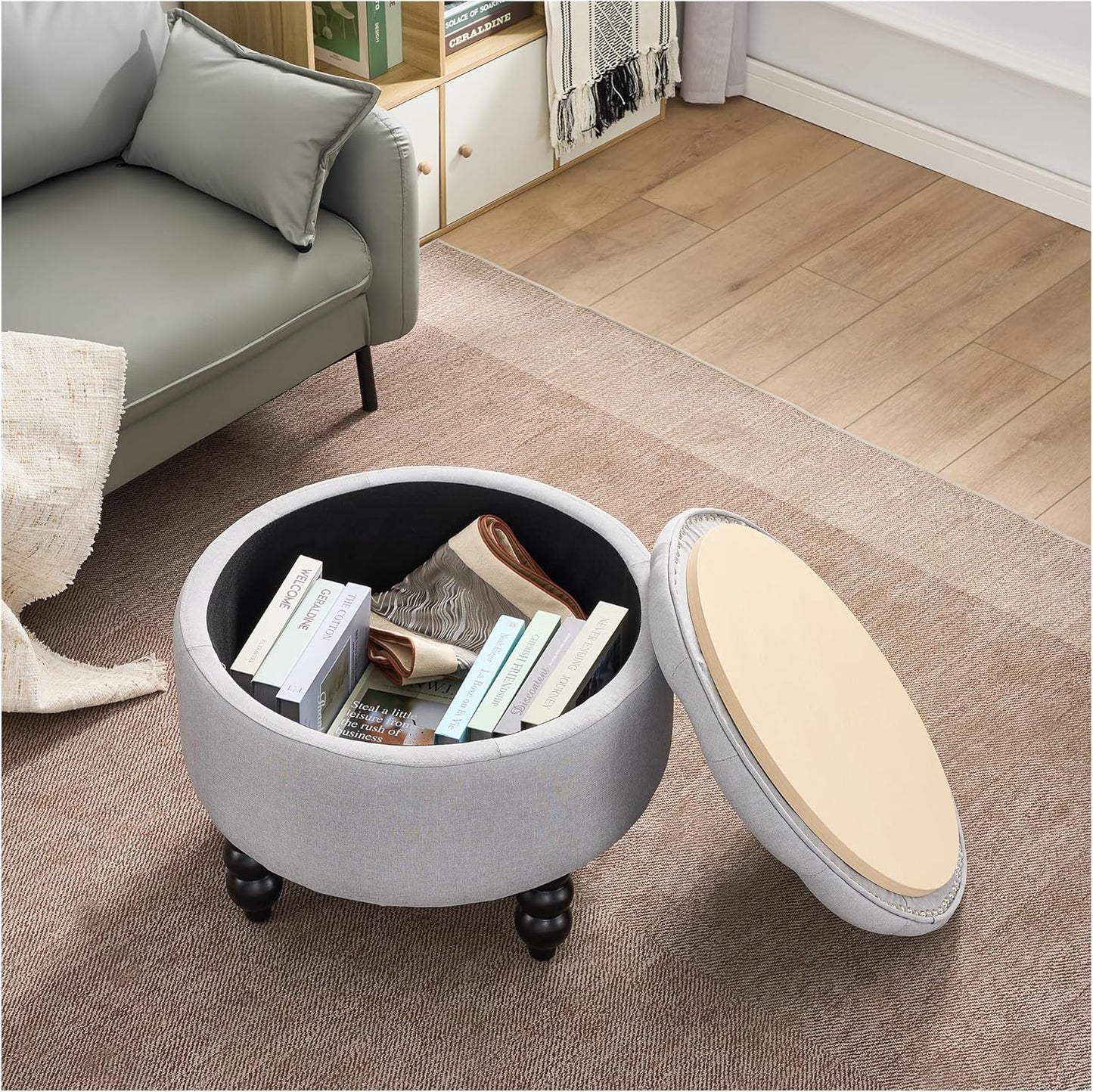 Fabric Round Ottoman with Storage, Upholstered Tufted Storage Footstool, Modern Wooden Coffee Table for Living Room, Bedroom,Light Grey