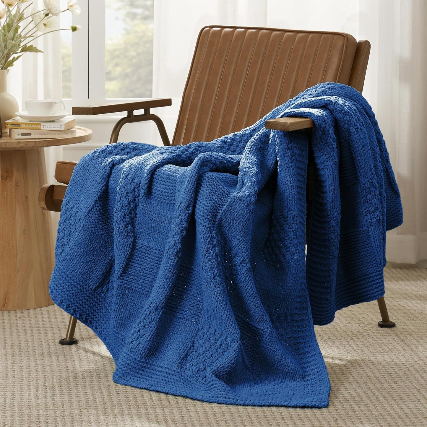 Amélie Home Chenille Knit Throw Blanket for Couch, Checkered Texture Decorative Soft Blanket for Sofa, Bed & Living Room, 50"x60", Blue