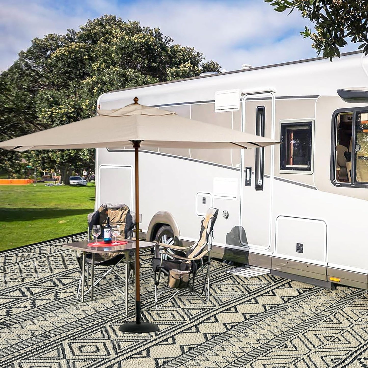 GAOMON Outdoor Rugs Patio Camping Waterproof Rug 6'x9' Plastic Straw Patio Rug Portable for Campers, Outside RVs Mat for Patios Clearance, Backyard Porch, Balcony, Black/Coffee(Bohemia)