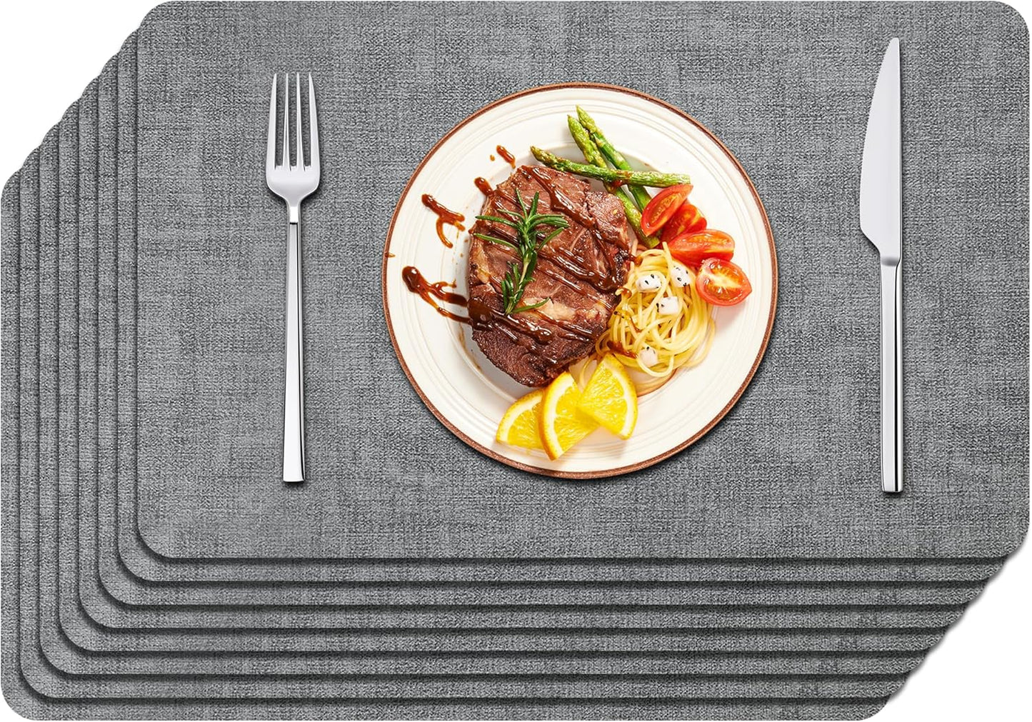 Maxpearl Faux Leather Placemats Set of 8 – Waterproof, Wipe Clean, Heat Resistant, Non-Slip Dining Table Mats for Indoor & Outdoor Use, 17”×12”, Grey