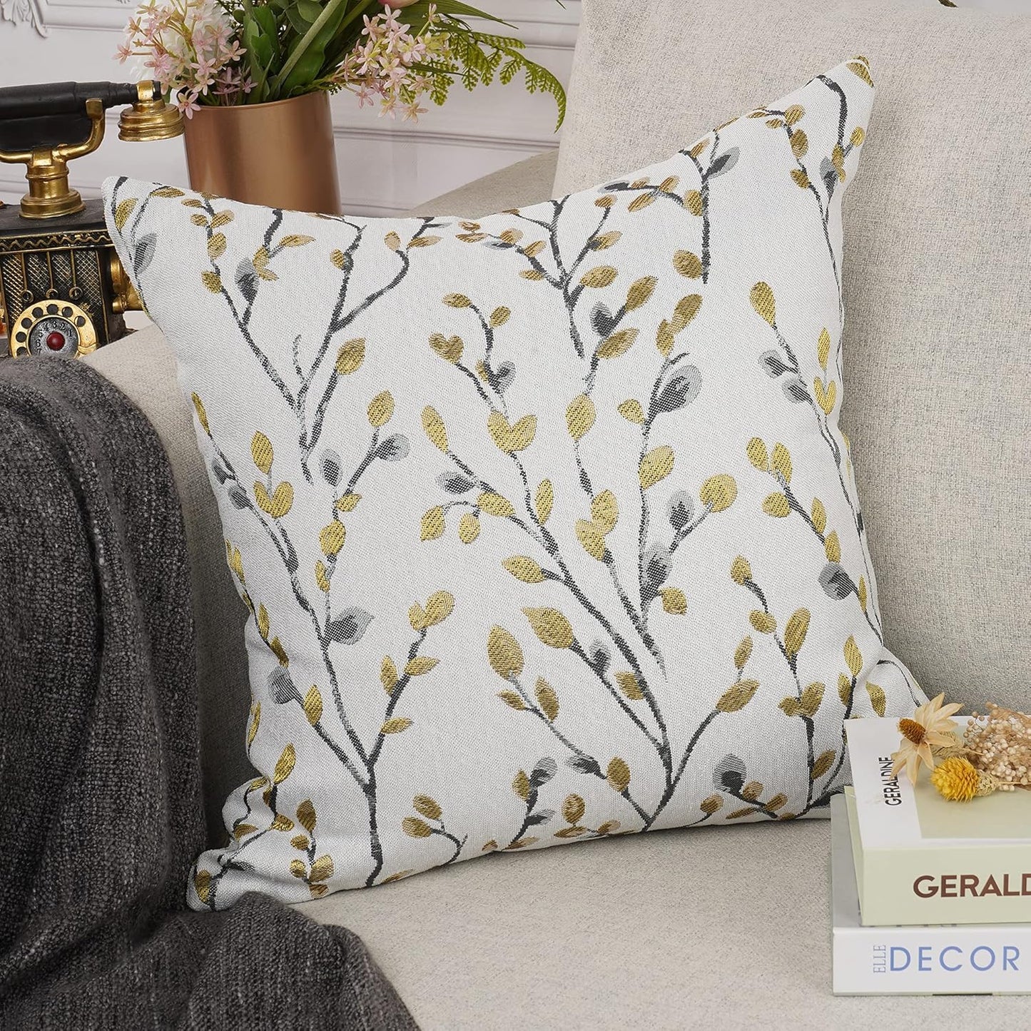 YOUR SMILE Classical Embroidery Jacquard Yellow/Gold Square Decorative Throw Pillow Case Cushion Cover 18x18 inch